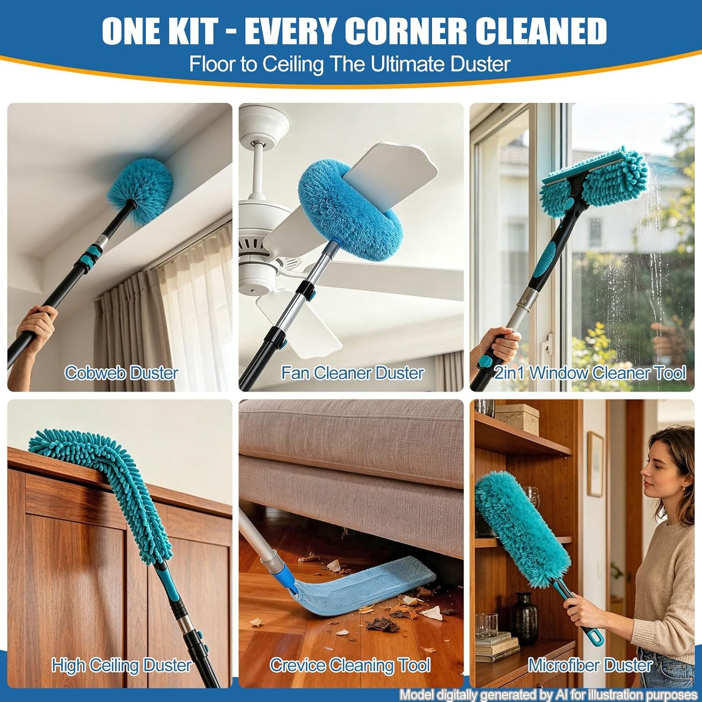FIDISP 20FT High Ceiling Duster Kit, 4.5–12ft Heavy Duty Extension Pole, 9PCS with Hooks, Telescoping Duster, Fan Cleaner & Web Brush, Commercial/Home Use for Windows, Fans, Ceilings & Outdoor