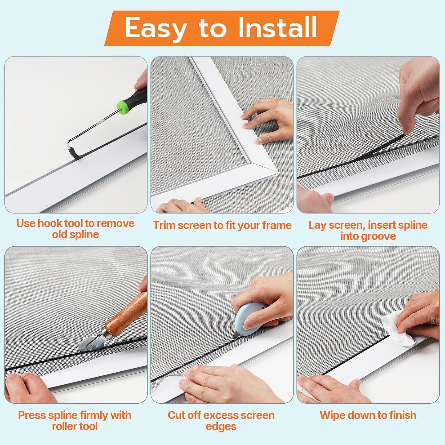 Window Screen Door Repair Kit, 48"x118" Fiberglass Window Screen Mesh, Washable Window Screen Door Replacement with Rolling Tool Spline Cutter Tape Measure for Windows Patio Sliding Screen Door