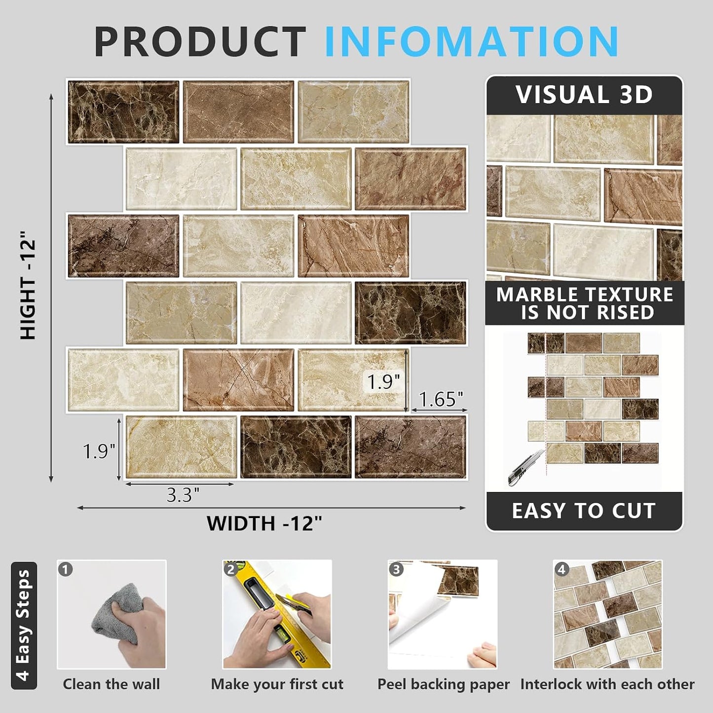 URCOLOR 10-Sheet Subway Tile Peel and Stick Backsplash for Kitchen,12"x12" Self Adhesive Wall Tiles Sticker on Back Splashes for Bathroom Gray Marble Design