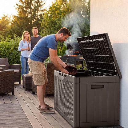 Flamaker Outdoor Storage Box 80 Gallon Resin Waterproof Deck Box Delivery Box with Wood Texture Large Storage Bin for Patio Cushions, (Grey)