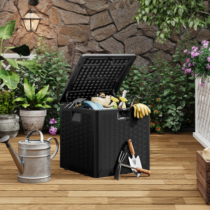 28-Gallon Waterproof Outdoor Storage Box, Lockable Resin Deck Box with Lid, Patio Storage Bin for Pool, Garden Tools & Backyard, All-Weather Protection, Black Wicker