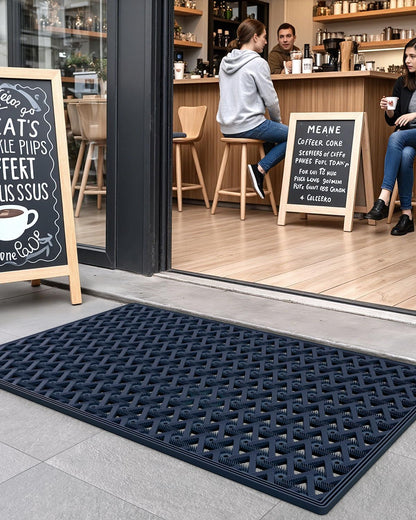 DEXI Front Door Mat Outside Entrance Rubber 19x30, Welcome Floor Doormat Heavy Duty Non Slip, Dirt Trapper Waterproof Exterior Entry Mats All Weather for Patio Entryway Drainage, Black
