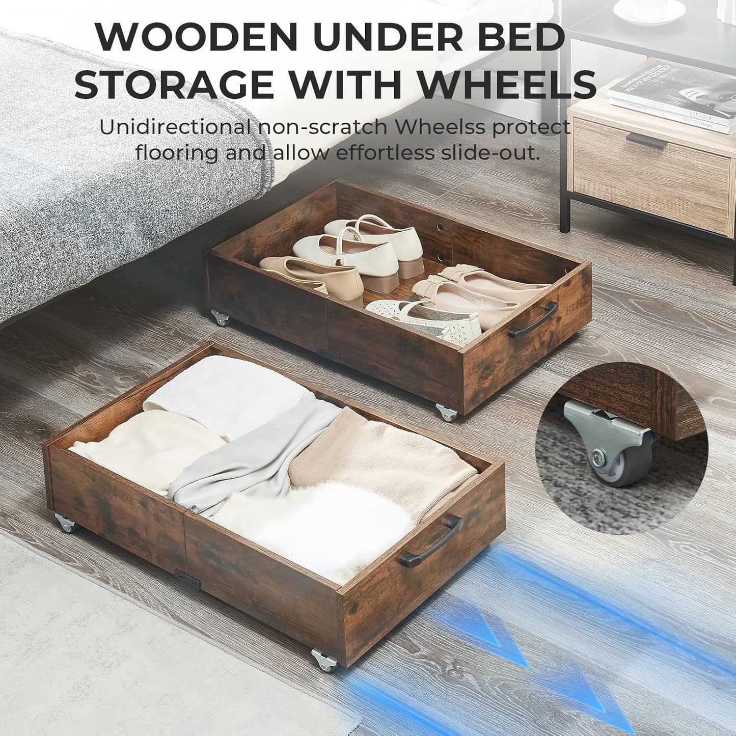 TIOPGHAD 2-Pack Under Bed Storage Drawers Organizer with Wheels, Brown | 58L total capacity, 80 lb per Drawer, Fits 6 in Bed Clearance, Rolling Drawers for Shoes, Clothes, Linens, Toys