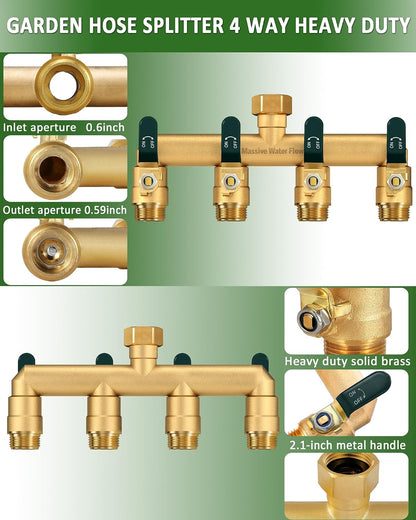 4 Way Hose Splitter, Heavy Duty Full Flow Garden Water Hose Bib Spigot Splitter, Brass Rust and Freeze Resistant Outdoor Faucet Splitter, T Adapter Connector with 3/4 - Inch GHT Thread （Black）