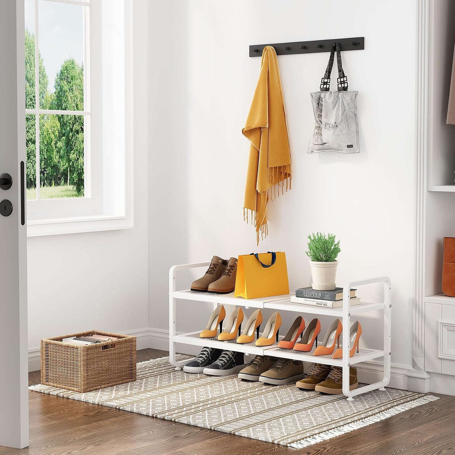 SNTD Shoe Rack - Expandable Shoe Organizer for Closet, Adjustable Metal Shoe Shelf Storage, Stackable Long Shoe Stand Holder for Garage, Entryway, Door Entrance (Black, 2-Tier)