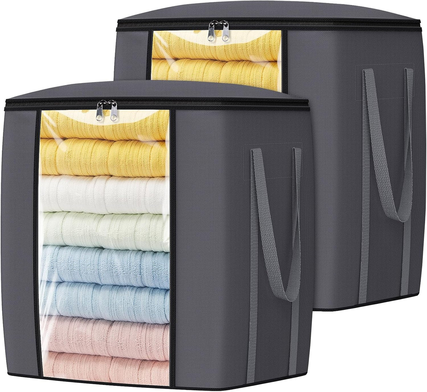 TasticTotes 120L Extra Large Clothes Storage Bags, Foldable Blanket Storage and Organization, Thick Fabric Containers with Reinforced Handles & Zippers for Clothing, Comforters, Bedding, Gray, 1 Pack