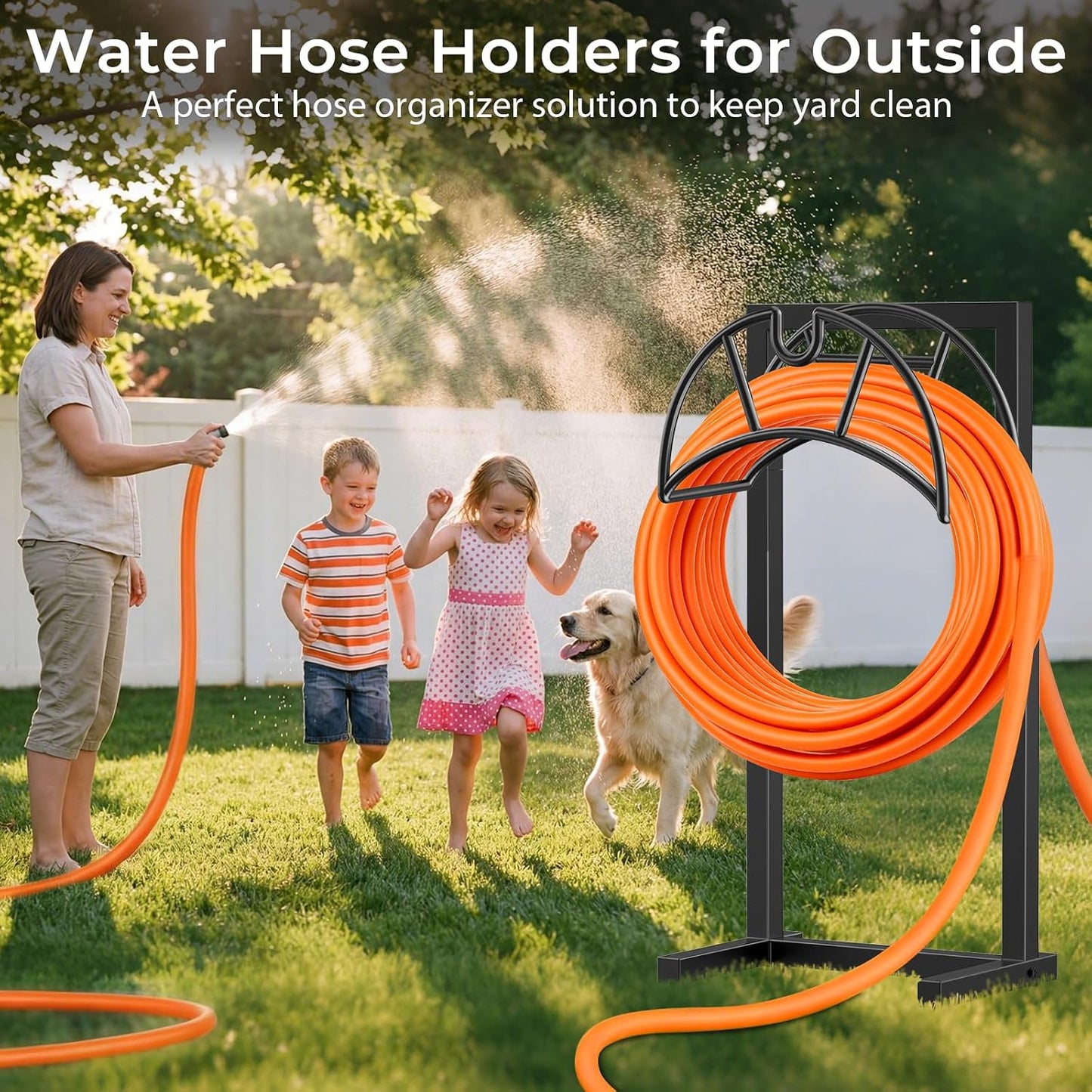 TomCare Garden Hose Holder 4 Spikes Garden Hose Reel Hose Stand Upgraded Water Hose Storage with Tool Hooks Garden Hose Hanger Organizer Holds 160ft Hoses for Outside Yard Lawn, Black