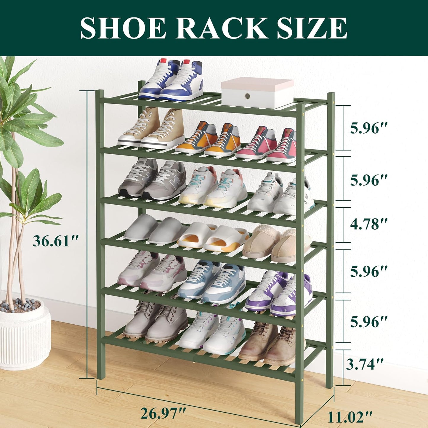 Smiry Bamboo Shoe Rack for Closet, 3 Tier Wooden Shoe Organizer, Stackable Wood Shoe Storage Shelf for Entryway, 14 Vertical Slats, One-piece Heavy-Duty Legs, 26.77"x11.02"x18.31", Natural