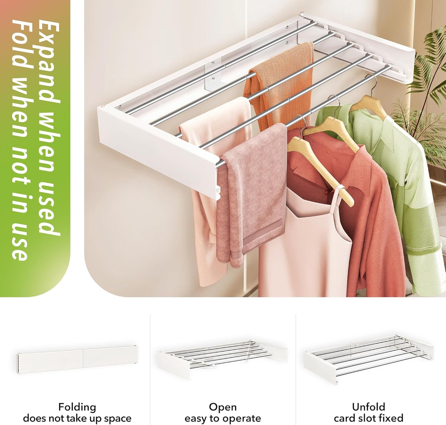 ZdwCyl Wall Mounted Drying Rack,32 inches,Foldbale, Clothes Drying Rack,Laundry Drying Rack Wall Mount,Drying Rack Clothing Space Saver,Retractable,Collapsible,Folding Laundry Rack,White