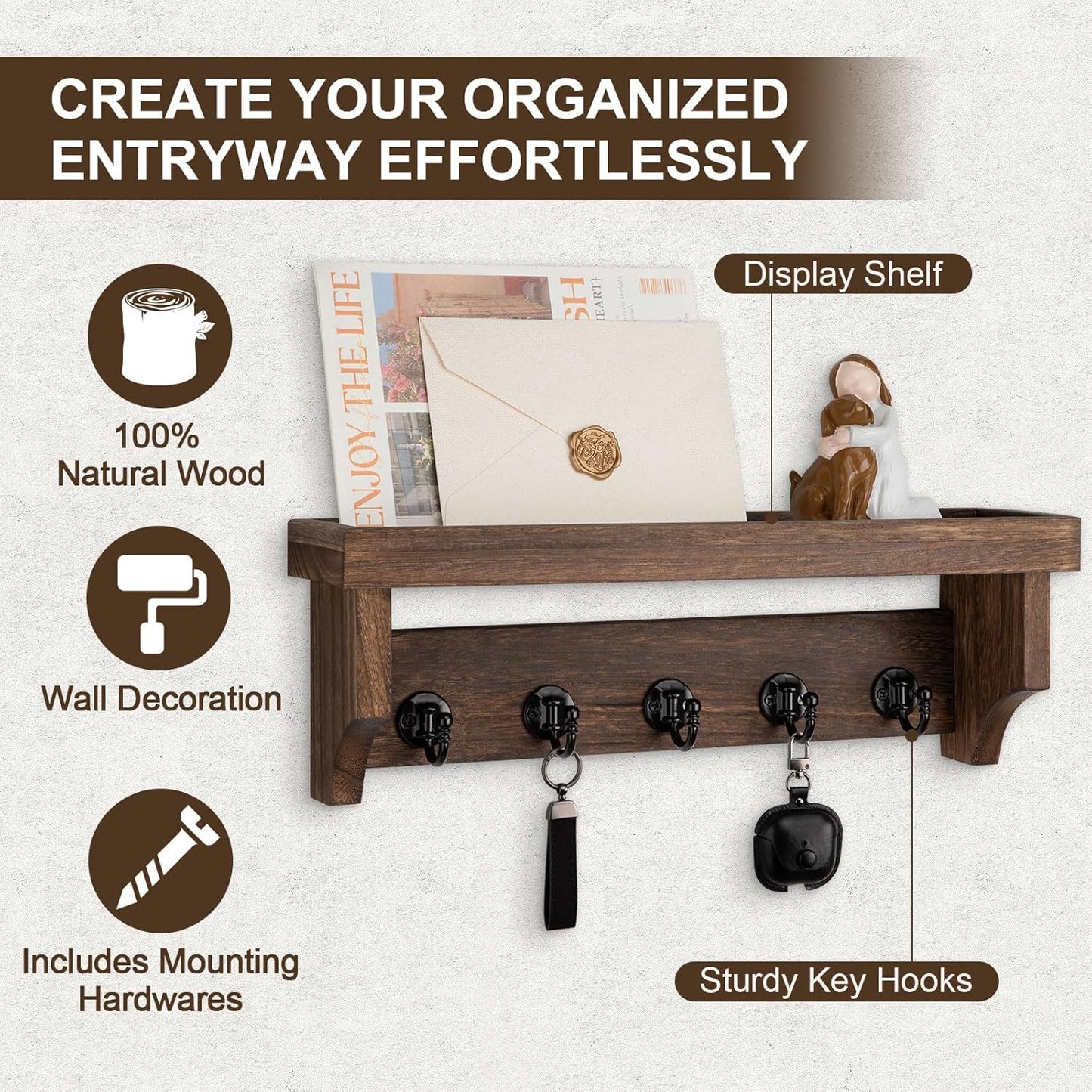 Key and Mail Holder Wall Mount, Key Holder with Shelf and Mail Organizer Wall Mount. Mail Holder with 5 Hooks for Coat, Dog Leash, Home Decor Rack, Entry Way Organizer (White)