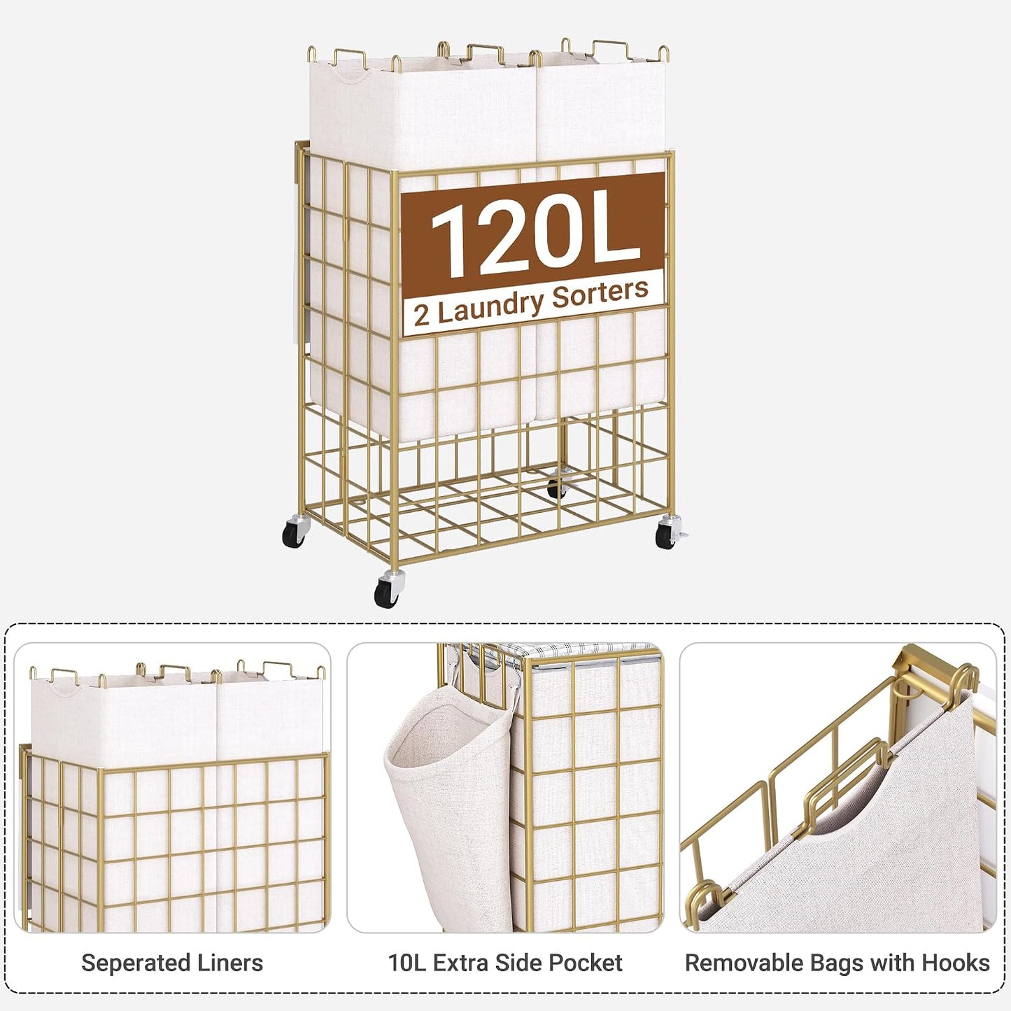 Laundry Basket with Wheels, Heavy Duty Laundry Sorter 2 Sections, 120L (32Gal.) Large Capacity Laundry Hamper with Wood Lid, 360 Rolling Wheels, Extra Side Pocket, Leather Pull Handle, Beige