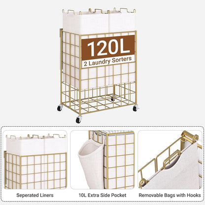 Laundry Basket with Wheels, Heavy Duty Laundry Sorter 2 Sections, 120L (32Gal.) Large Capacity Laundry Hamper with Wood Lid, 360 Rolling Wheels, Extra Side Pocket, Leather Pull Handle, Beige