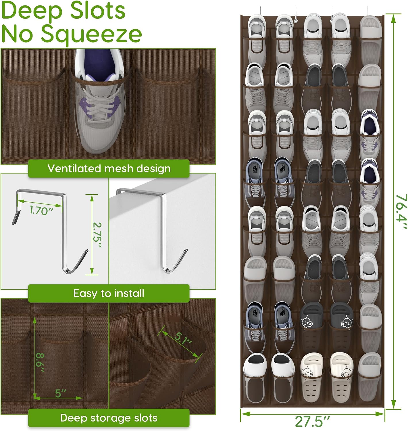 Over the Door Shoe Organizer with 40 Large Breathable Mesh Pockets, Space Saving Shoe Holder, Hanging Shoe Rack for Entryway Bedroom Closet Storage (White, 40 Pockets)