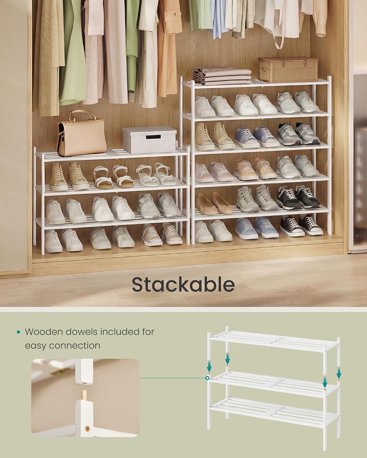 SONGMICS Bamboo Shoe Rack for Closet, Stackable Shoe Oragnizer with Modular Structure, Space-Saving Free Standing Shelf for Entryway Bedroom, 2-Tier, Holds 9-12 Pairs, Natural Color ULBS052YL01