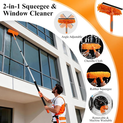 26ft High Reach Duster Kit with 5-20ft Heavy-Duty Extra Long Extension Pole, Vaulted Ceiling Cobweb Brush, Washable Ceiling Fan Duster, Microfiber Duster & Window Squeegee for Tall Ceiling