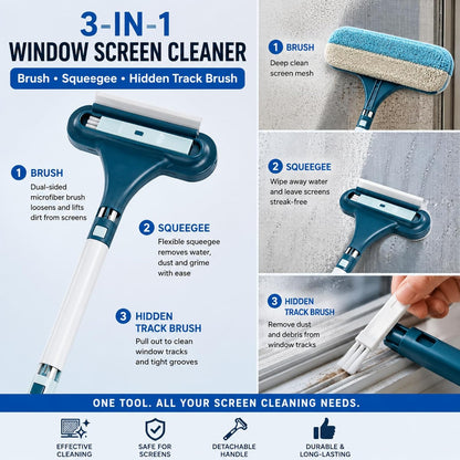 3-in-1 Window Screen Cleaner with Squeegee and Pet Hair Remover, Window Screen Cleaning Brush for Couch, Mesh and Multi-Use Crevice Tool for Patio and Porch Screens (Blue)