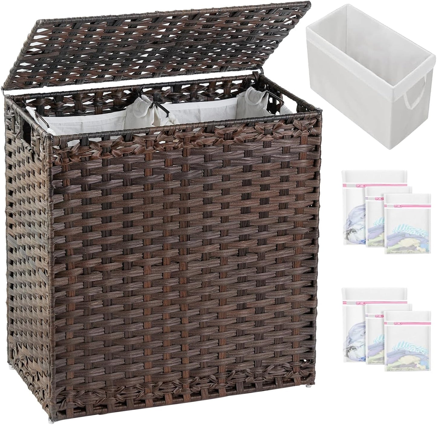 SETVSON Laundry Hamper with Lid Laundry Basket 132 L (35 Gal) Wicker Clothes Hamper, Handwoven Rattan Hamper with Handles and 4 Removable Liner Bags, 6 Mesh Bags for Laundry Bedroom Natural