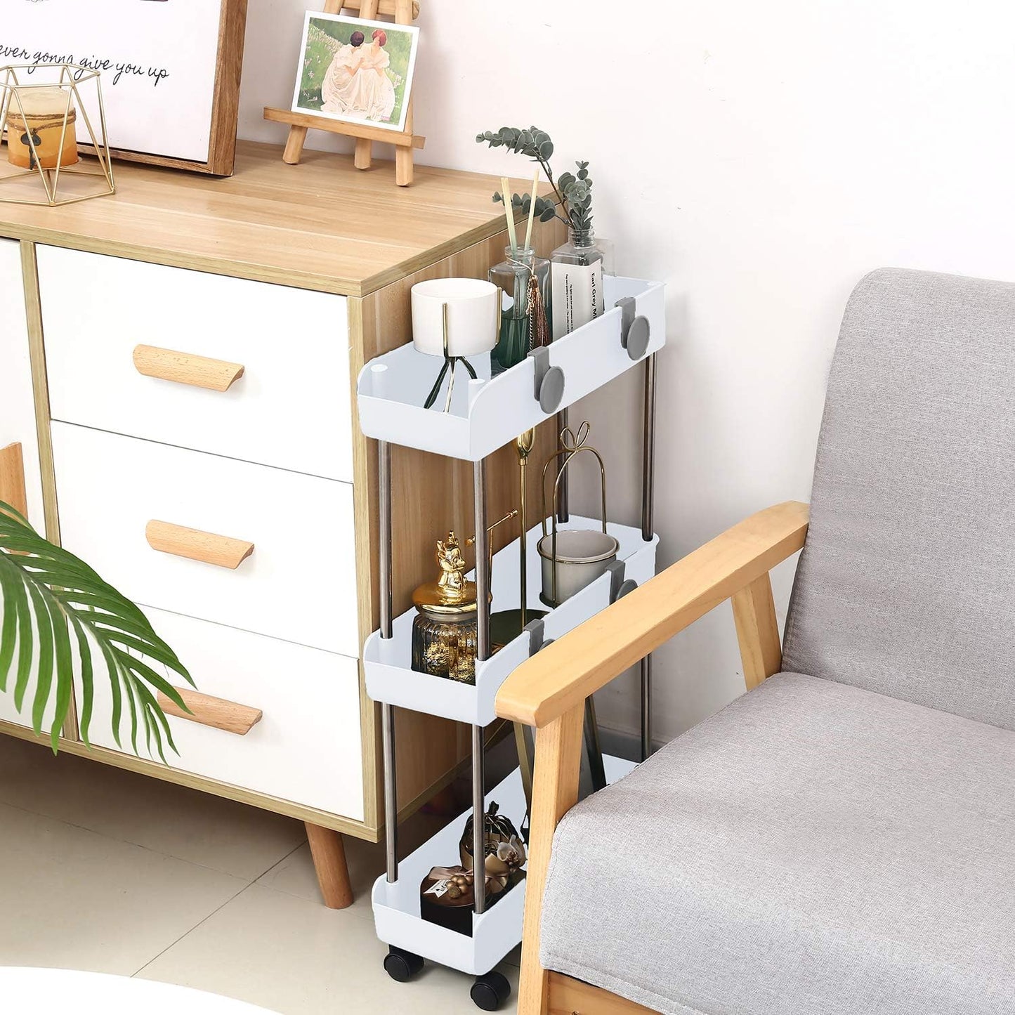Melody House 3-Tier Slim Mobile Shelving Unit on Wheels, Slide Out Rolling Bathroom Storage Organizer, Utility Carts Shelf Rack for Kitchen Bathroom Laundry Room Narrow Places, Navy Blue