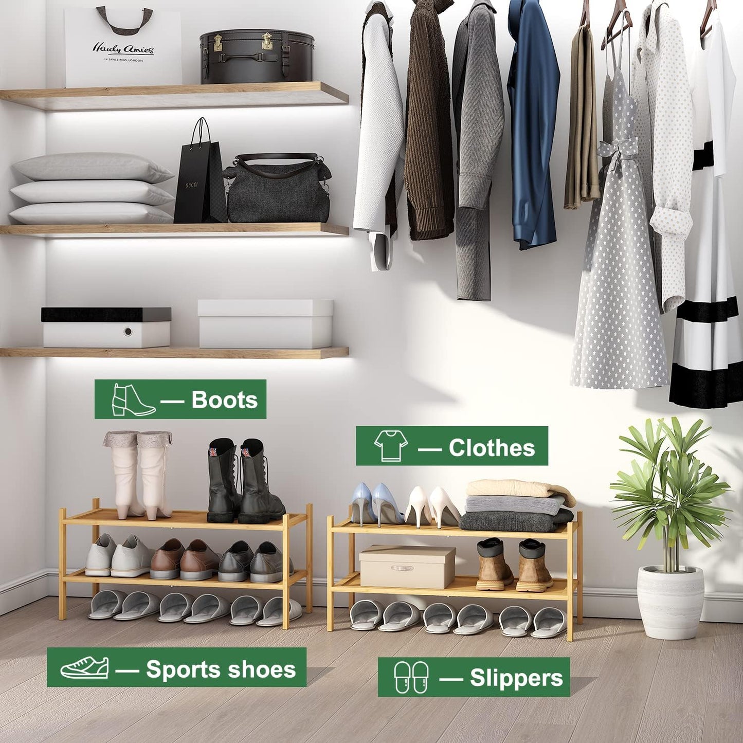 kiplant Small Shoe Rack, 4-Tier Bamboo Wood Shoe Rack for Entryway, Stackable Shoe Organizer for Hallway Closet, Free Standing Shoe Racks for Indoor & Outdoor