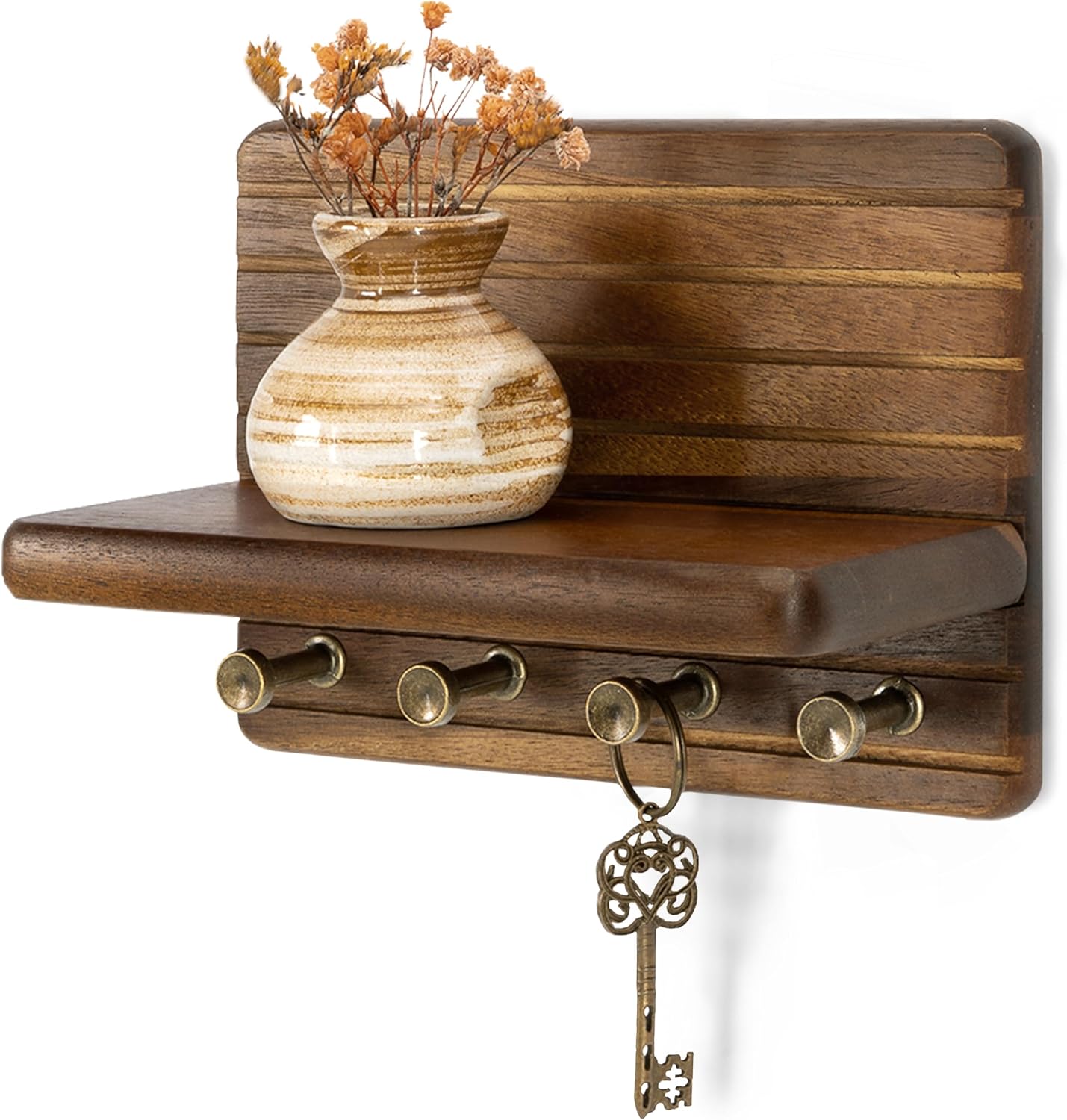 Rebee Vision Farmhouse Key Holder Wall Mount for Home Decor – Decorative Pine Wooden Key Holder for Wall with 6 Hooks & Floating Shelf - Rustic Charm for Room Decor Aesthetic (Brown)