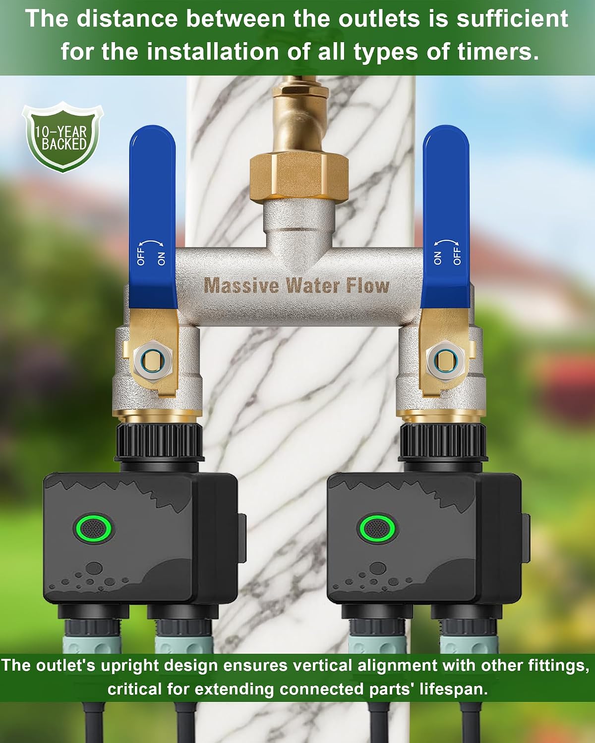 Hose Splitter 2 Way Heavy Duty, Garden Hose Splitter with 304 Stainless Steel Long Handle, Full Flow Brass Nickel Plated Water Hose T Spigot Splitter Adapter Connector, 3/4 - Inch GHT Thread (Blue)