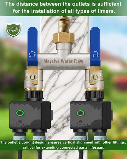 Hose Splitter 2 Way Heavy Duty, Garden Hose Splitter with 304 Stainless Steel Long Handle, Full Flow Brass Nickel Plated Water Hose T Spigot Splitter Adapter Connector, 3/4 - Inch GHT Thread (Blue)