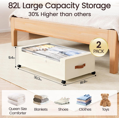 Yecaye Under Bed Storage with Wheels, 2 Pack Under Bed Storage Containers, 60L Underbed Shoe Storage with Clear Window & Label, Rolling Under Bed Metal Drawer for Clothes, Shoes, Books, Blankets