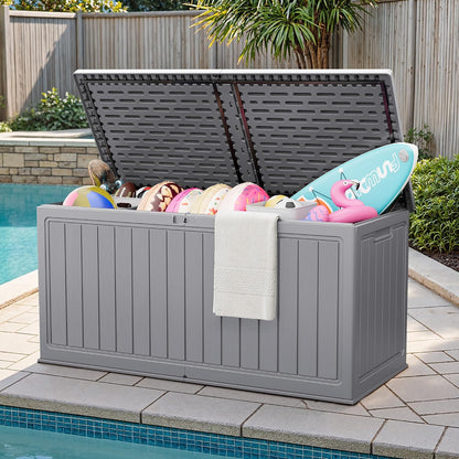 JUMMICO 31 Gallon Resin Deck Box Waterproof Indoor Outdoor Storage Boxes for Patio Furniture Cushions and Garden Tools (Brown)