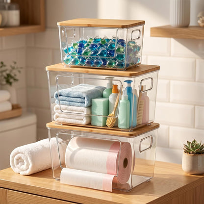 spospo 2 Pack Trash Bag Holder with Bamboo Lid, Stackable Trashbag Dispenser, Extra Large Garbage Bag Holder for Kitchen Laundry Room Under Sink Organization and Storage