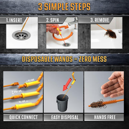 FlexiSnake Pro Drain Weasel Sink Snake Cleaner with New Molded Tip - 18″ - Drain Snake Clog Remover Tool with Rotating Handle & 5 Wand Refills - Easy to Use on Drains & Grates - Made in USA - 5-Pack