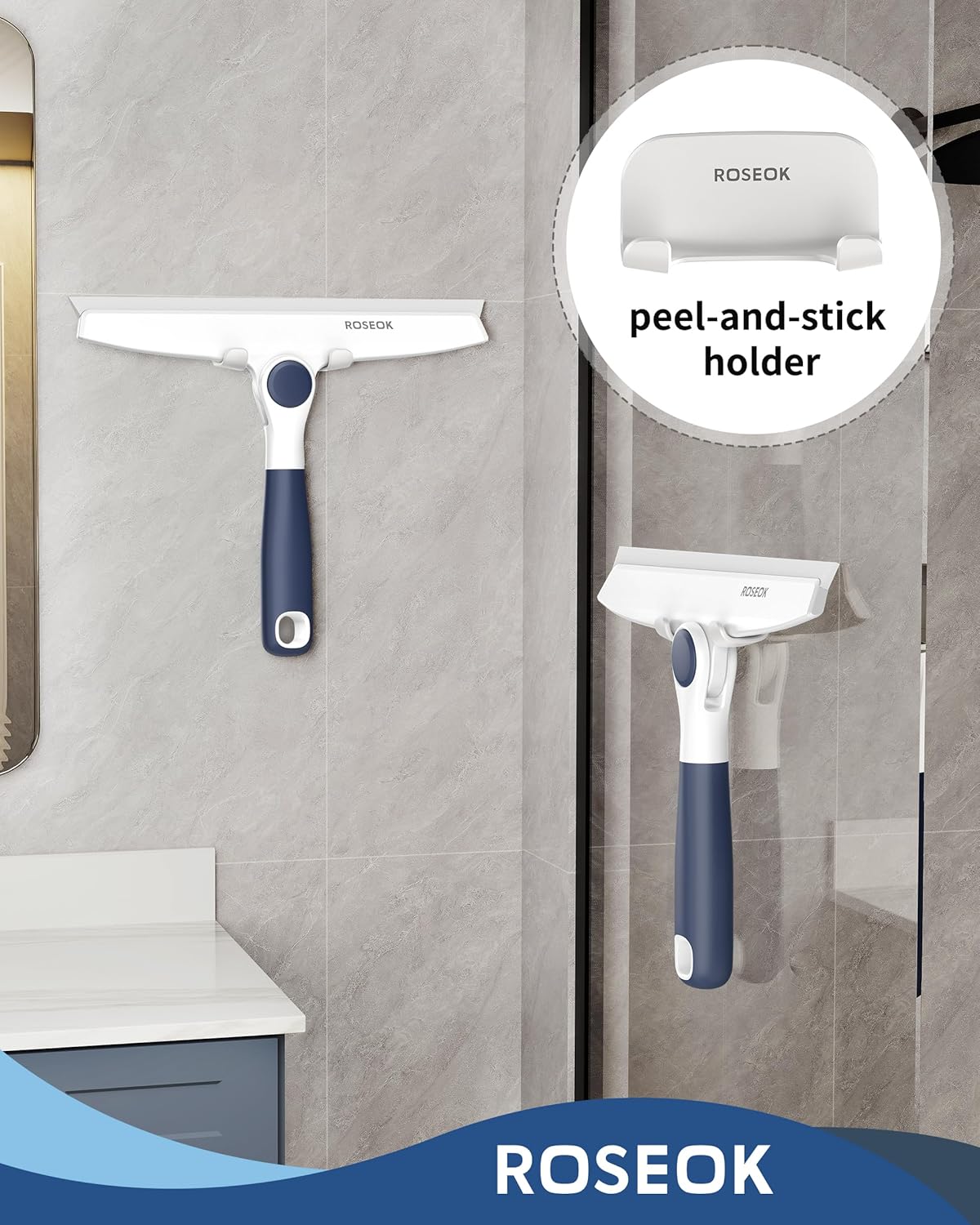 ROSEOK All-Purpose Silicone Squeegee for Shower Glass with Adhesive Hook, Pivoting Head, 10 Inch, Navy Blue, 1 Pack