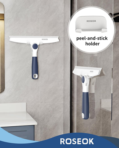 ROSEOK All-Purpose Silicone Squeegee for Shower Glass with Adhesive Hook, Pivoting Head, 10 Inch, Navy Blue, 1 Pack