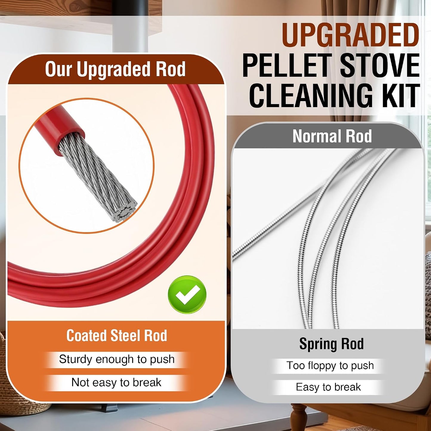 Feekoon Pellet Stove Cleaning Kit, 10 FT Flexible Steel Rod with 3" Brush Head, Flue Detail Cleaner, Pellet Stove Accessories for Vent Pipes Cleaning - Reduce Buildup & Improve Airflow