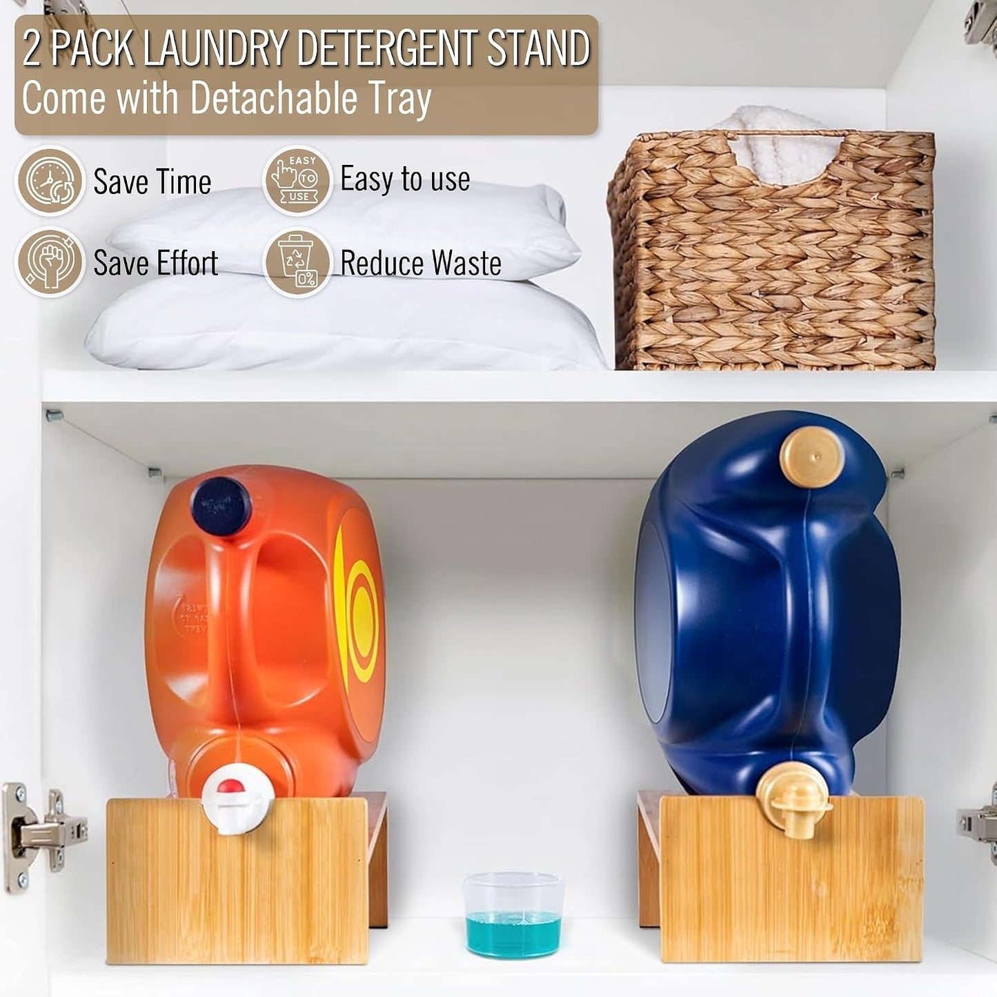 MyLifeUNIT Laundry Detergent Dispenser, 2 Pack Wooden Laundry Detergent Holder Stand with Tray for Laundry Room Organization and Storage