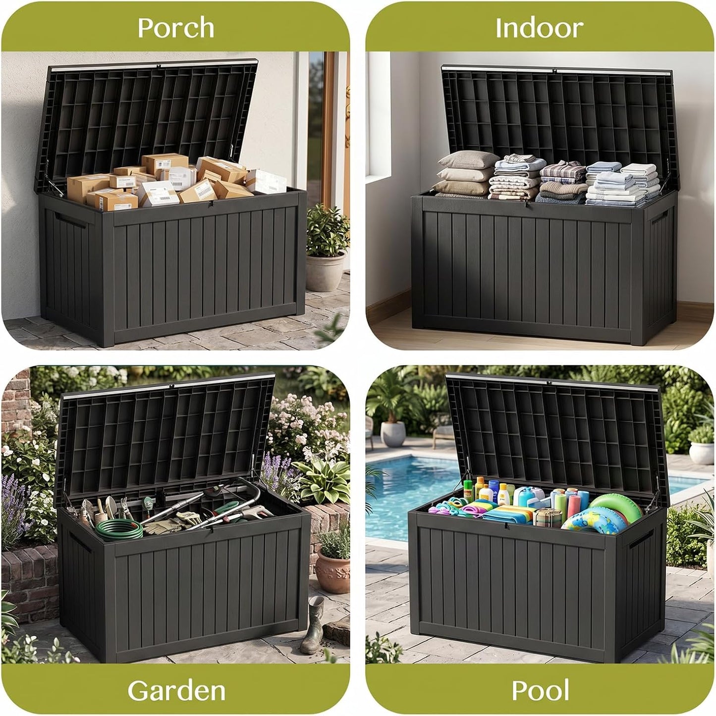 Waterproof Outdoor Storage Box Outside Deck Box Lockable Resin Bench UV Resistant Furniture Cushion Pool Tool Float Bin Patio Garden Porch (Black, 120 Gallon)