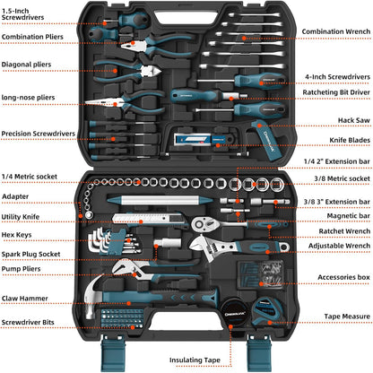 199 Piece Tool Kit for Home,General Household/Auto Repair Tool Set,Basic Hand Tool Kit with Socket Wrench,Tool Box Case for Men,Perfect for Diyer Handyman Homeowner