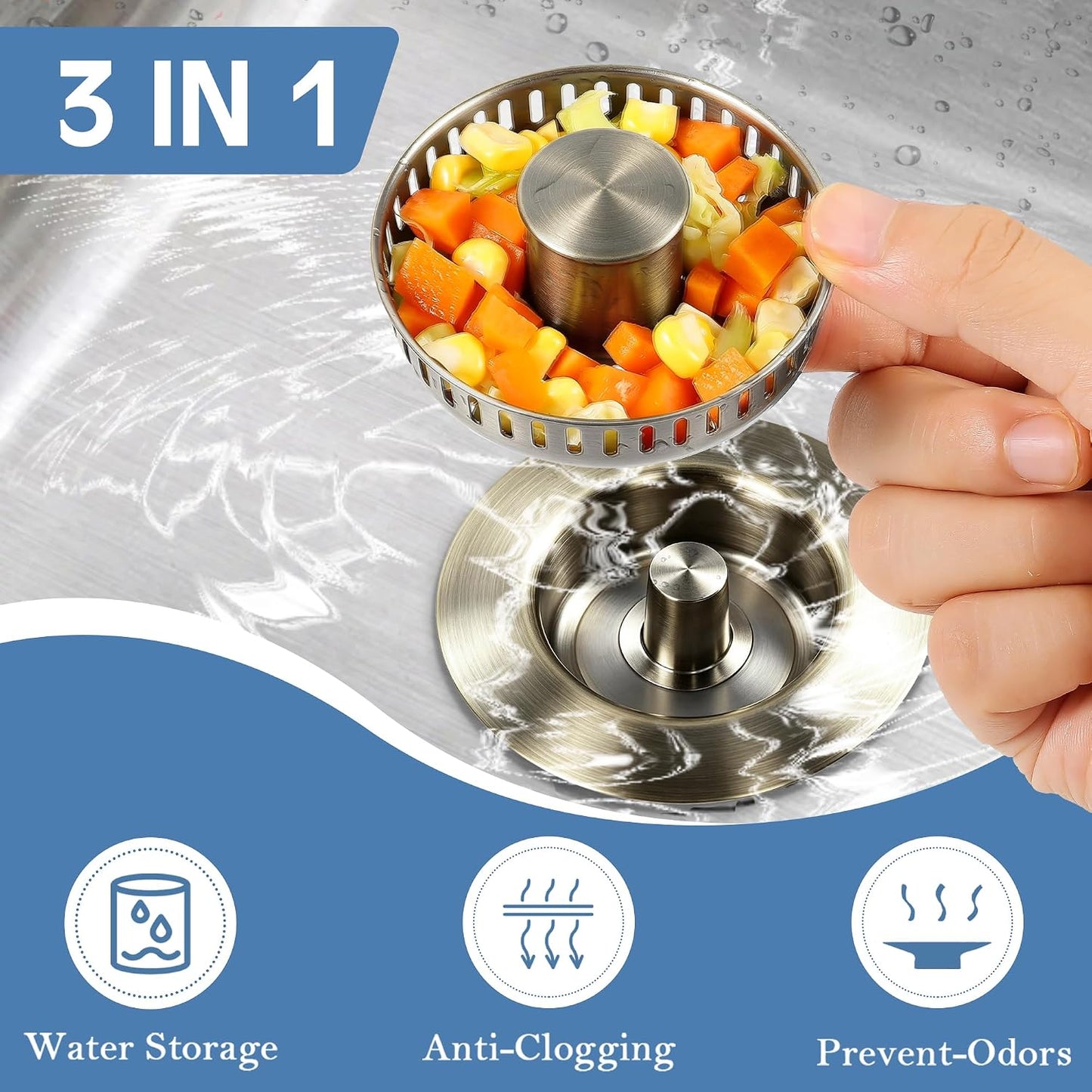 Sink Drain Strainer 3 in 1, 304 Stainless Steel Pop Up Kitchen Sink Stopper with Anti-Clogging Basket, Kitchen Essential Drain Anti-Clog Gadgets, Fits US Standard 3-1/2'' Sink Drain (SUS 304 Brushed)