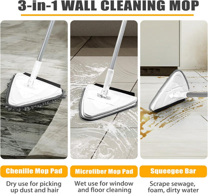 JEHONN Wall Mop with Long Handle 80 inches, Upgraded 180° Collapsible Baseboard Cleaner Tool with Squeegee, Ceiling Duster with 1 Microfiber and 1 Chenille Pad for Cleaning Window, Cabinet (White)