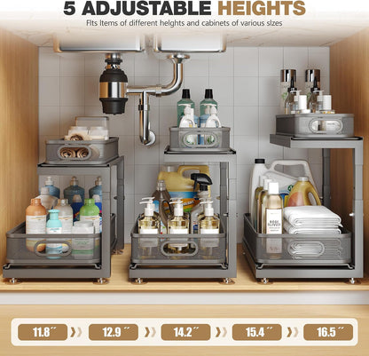 2-Pack Under Sink Storage Organizer with 2-Tier Slide Out Drawer, Sophisticated Mesh Pull Out Shelf for Kitchen & Bathroom, Fits Small Items, Upgraded Arched Track for Smooth Gliding(Patented)