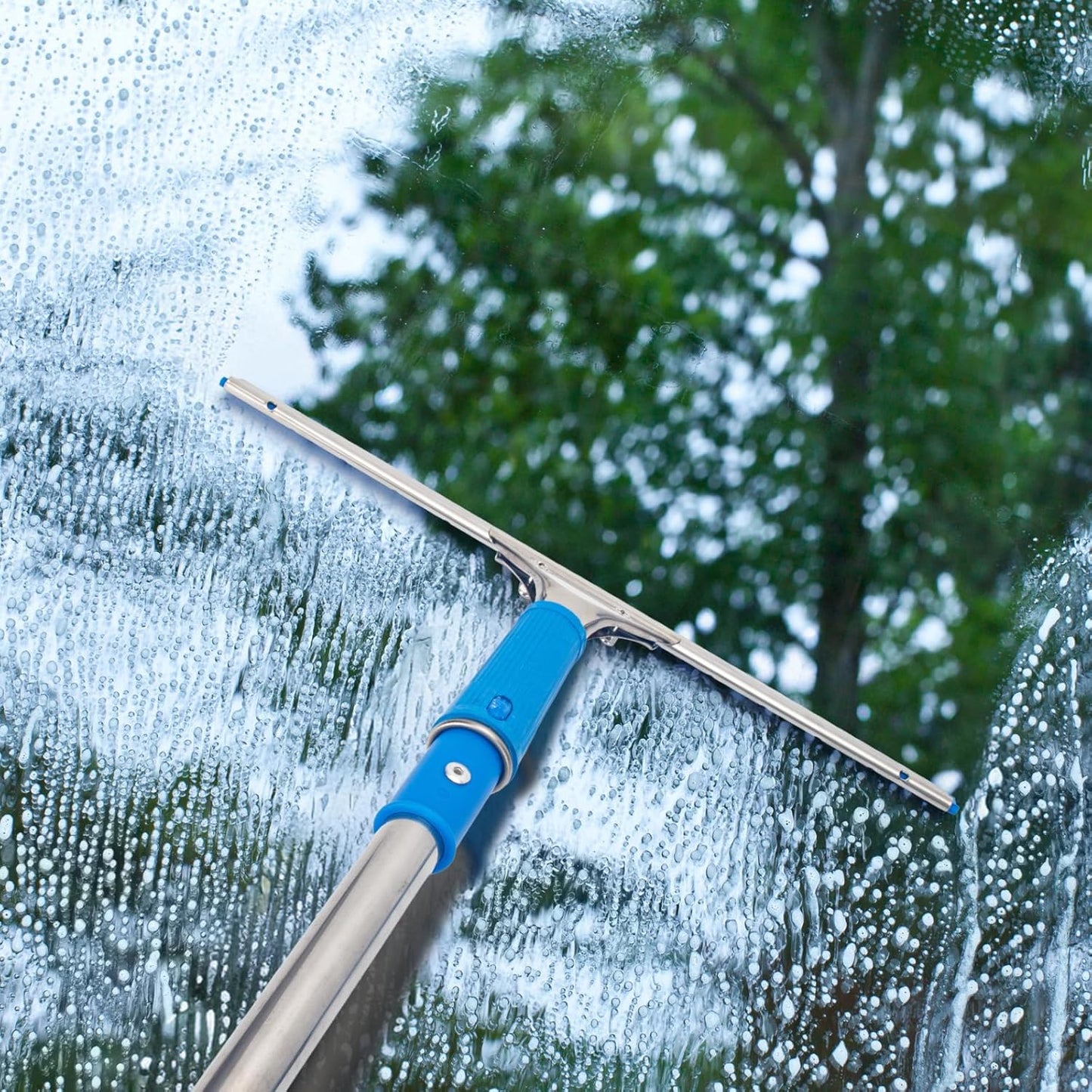 Window Squeegee with Scrubber for Home and Outdoor Glasses Cleaning, 6 Ft Long Handle 2 in 1 Professional Window Washing Kit with Replacement Rubber Blade, Car Windshield Cleaner Tool