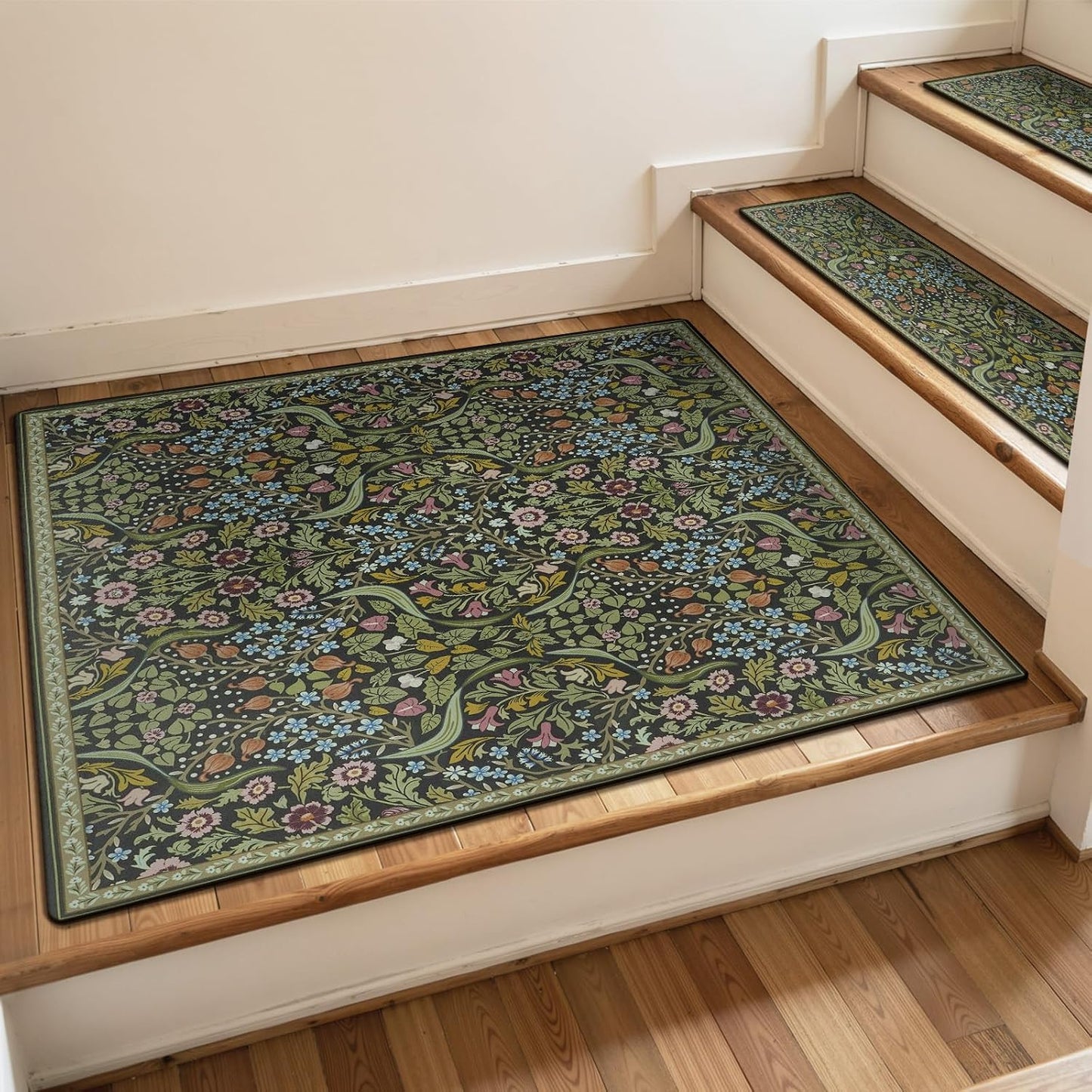 OJIA Floral Stair Treads Non-Slip Stair Runner for Wooden Steps Indoor 15PCS 30"x8" Carpet Stair Treads Stair Mats Staircase Step Treads for Kids, Elders and Dogs, Stair Covers, Black