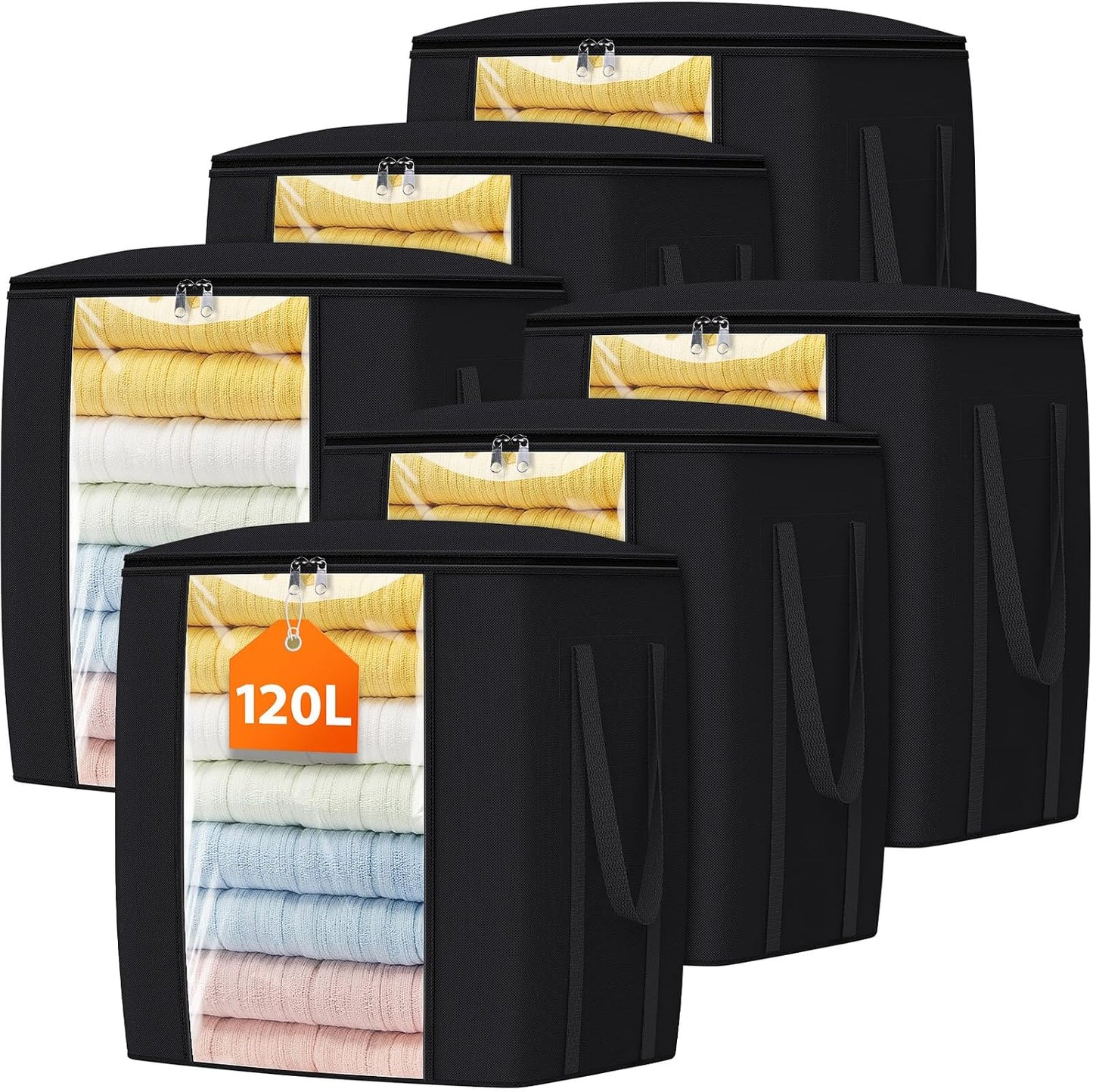 TasticTotes 120L Extra Large Clothes Storage Bags, Foldable Blanket Storage and Organization, Thick Fabric Containers with Reinforced Handles & Zippers for Clothing, Comforters, Bedding, Gray, 1 Pack
