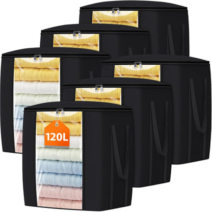 TasticTotes 120L Extra Large Clothes Storage Bags, Foldable Blanket Storage and Organization, Thick Fabric Containers with Reinforced Handles & Zippers for Clothing, Comforters, Bedding, Gray, 1 Pack