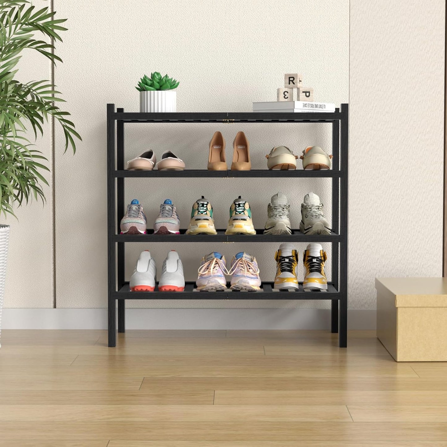 ROMGUAR CRAFT 3 Tier Bamboo Shoe Rack for Closet Free Standing Wood Shoe Shelf Storage Organizer for Entryway Small Space Stackable 27"x11"x20" (Natural)