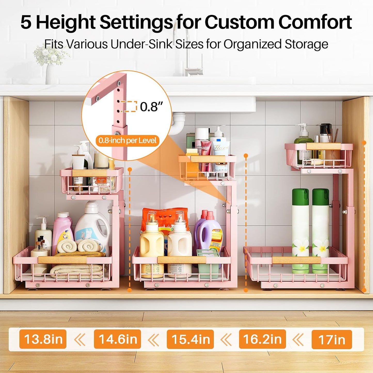 PXRACK Under Sink Organizer, Adjustable Height, 2 Tier Pull Out Under Cabinet Organizer, Slide Out Thickened Metal Under Sink Storage for Kitchen Bathroom Laundry Pantry Cabinet, White, Large-1-Pack
