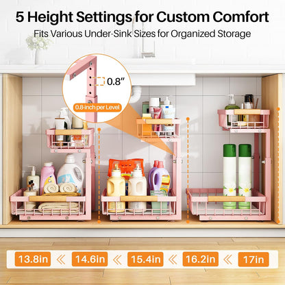 PXRACK Under Sink Organizer, Adjustable Height, 2 Tier Pull Out Under Cabinet Organizer, Slide Out Thickened Metal Under Sink Storage for Kitchen Bathroom Laundry Pantry Cabinet, White, Large-1-Pack