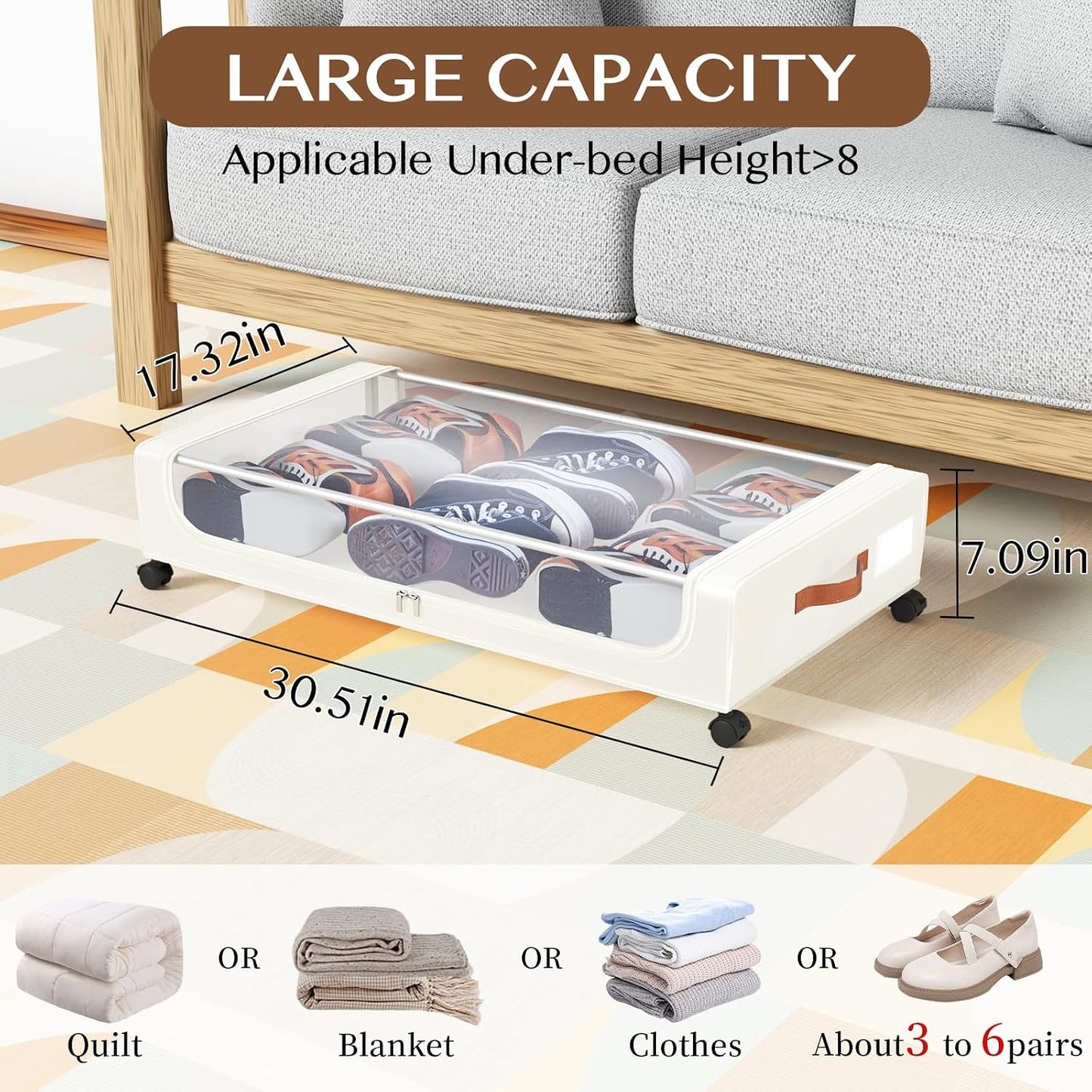 Under Bed Storage with Wheels, UnderBed Storage Containers with Clear Lid and Handles, XXL 60L Under the Bed Storage Bins Drawers for Clothes,Blankets,Shoes,Books (BLACK, 2 PACK)