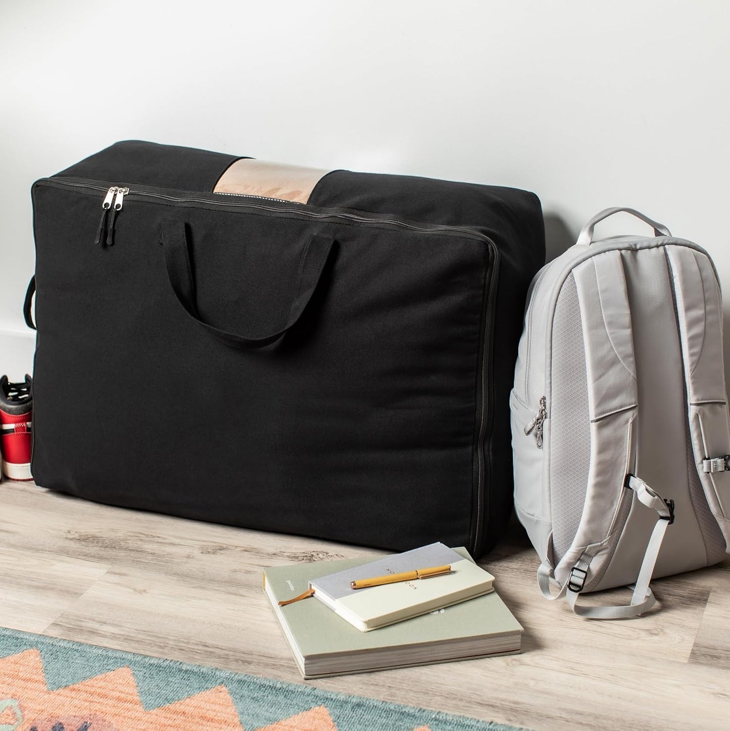 Soft Canvas Storage Bags with Zipper. Thick Breathable, 1pc King/Queen Comforter Organizer. Four Carrying Handles and Window. Large 25x19x9in Bag for Sheets Blankets Bedding Pillows, Clothes (Grey)