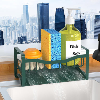 Maifan Stainless Steel Kitchen Sink Caddy Organizer with Auto Drain Tray, Sponge Holder for Countertop Storage Dark green