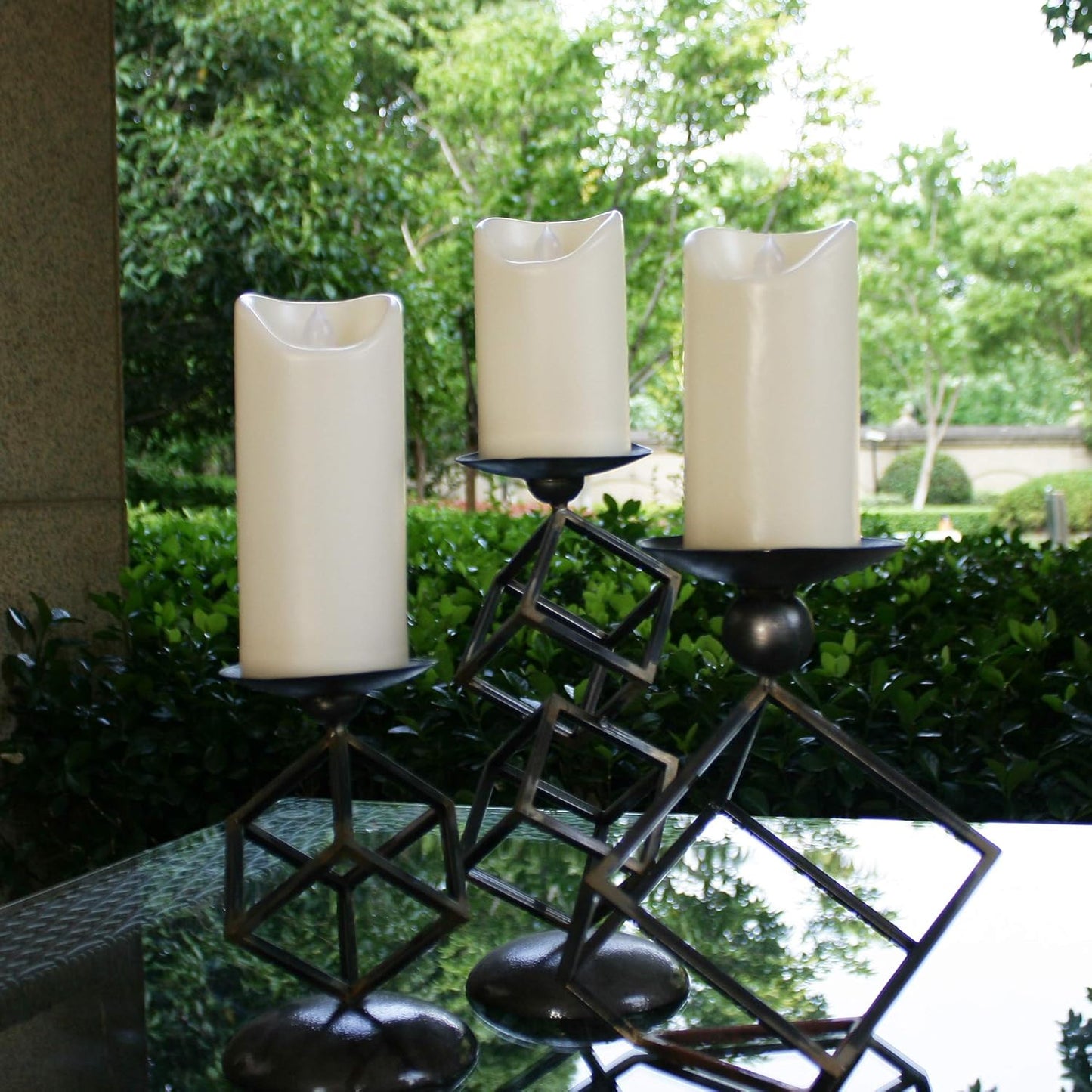 3”X3” 4 Pack Outdoor Flameless Candles Battery Operated LED Waterproof Pillar Candles with Remote Timer Electric Flickering LED Lights for Christmas, Halloween, Wedding, Home, Garden Decorations